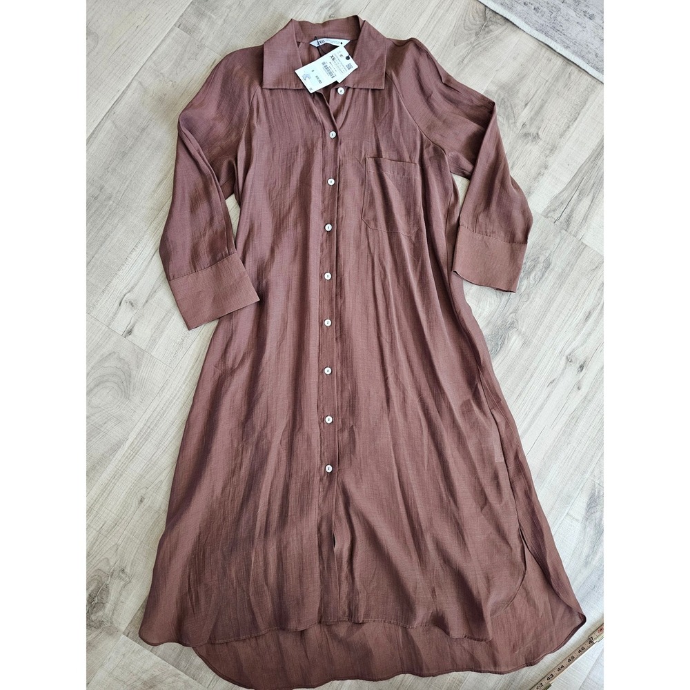 Zara Brown Lyocell Blend Button Down Midi Shirt Dress XS NEW